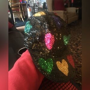 Sequined Black with multi colored hearts ball cap…